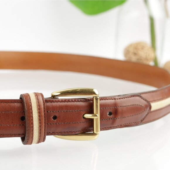 VTG USA Cole Haan Mens Belt Size 42 Brown Leather Tan Inlay Handcrafted Maine - Picture 2 of 16